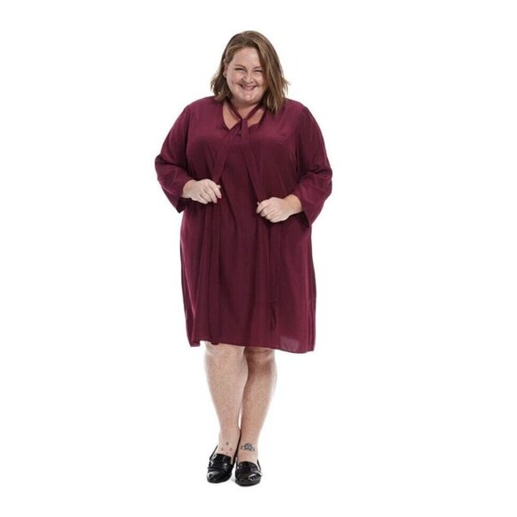 GB X Amanda Uprichard Maroon Gwynnie Bee Long Sleeve Tie Neck Shift Dress 2X - Picture 1 of 9